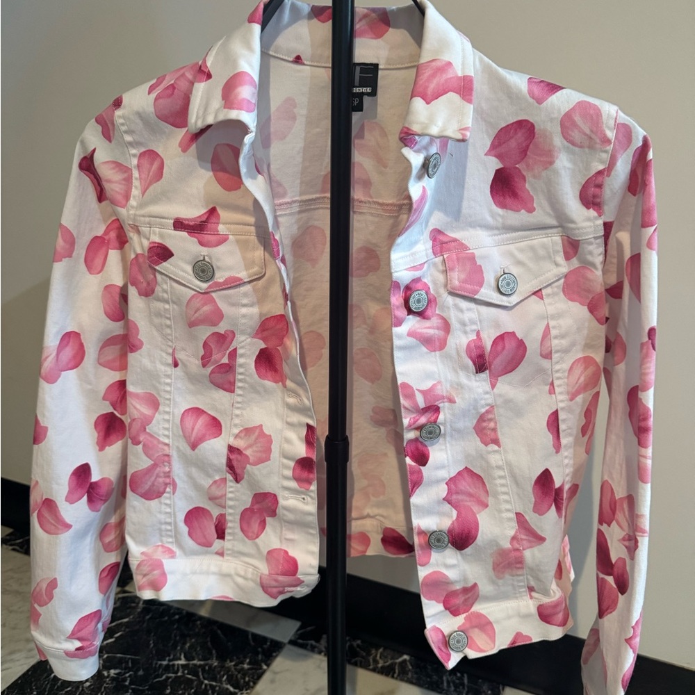 New Frontier White Denim Jacket with Pink Petal Print